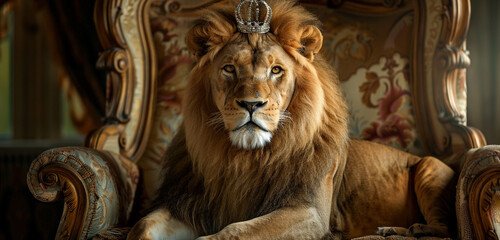 With elegance befitting a monarch, a lion sits serenely on an ornate armchair, its crown adding to its majestic demeanor as it stares directly into the camera - obrazy, fototapety, plakaty