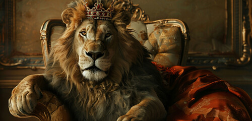 With stately composure, a lion dressed in regal regalia perches on a sophisticated armchair, its...
