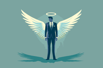 Businessman with angel wings and halo promoting ethical business practices, integrity, honesty, and transparency in corporate culture - obrazy, fototapety, plakaty