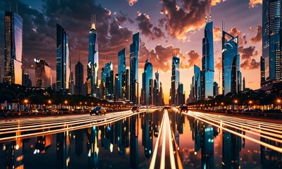 The golden hour reflects off a glossy urban landscape, mirroring the sky's warm hues. This mirrored cityscape captures the dual beauty of nature and human innovation. AI generation