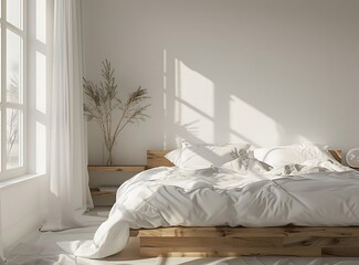white bedroom with wooden bed and white linens, window on the left side,