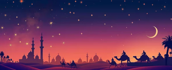 Foto op Plexiglas People on camels under moon, a night sky with stars, a mosque silhouette in the background © khozainuz