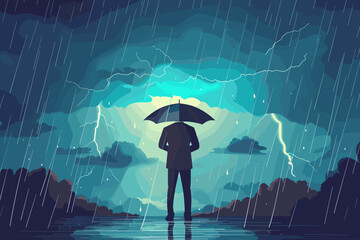 Cautious businessman seeks protection from stormy weather, standing under an umbrella as lightning strikes, a concept of business risk management and security - obrazy, fototapety, plakaty
