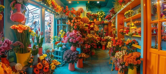 flower shop. Flower shop. Photo. bright colors. generative ai - obrazy, fototapety, plakaty