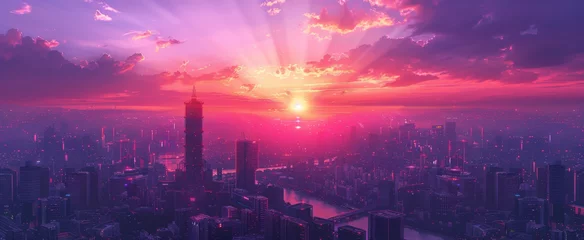 Zelfklevend Fotobehang A wide-angle shot of a futuristic city panorama in a purple haze against a sunset sky. Fantasy illustration in cyberpunk style. Futuristic city scene in a style of sci-fi art. 80's wallpaper. © Valeriy
