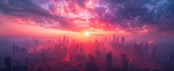 A wide-angle shot of a futuristic city panorama in a purple haze against a sunset sky. Fantasy illustration in cyberpunk style. Futuristic city scene in a style of sci-fi art. 80's wallpaper. - obrazy, fototapety, plakaty
