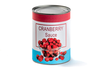 A fake generic labelled food can of cranberry sauce with loose cranberries isolated on white