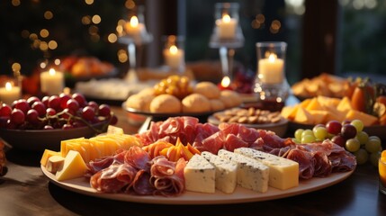 Fototapeta premium Festive table with snacks from sausages and cheeses, fruits and berries, a gala feast Concept: holiday menu and cooking, catering services.