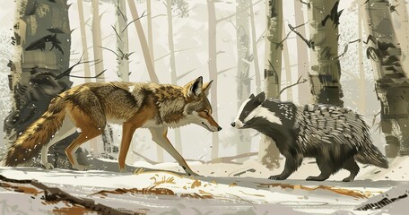 a coyote and a badger walking along the forest as friends 