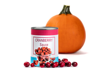 A fake generic labelled food can of cranberry sauce with a small pumpkin in the distance isolated...