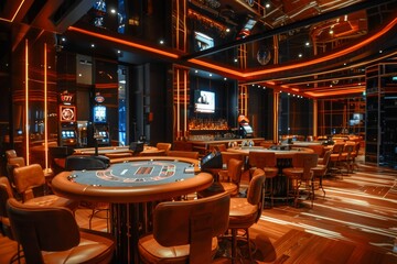 A casino with a lot of tables and chairs