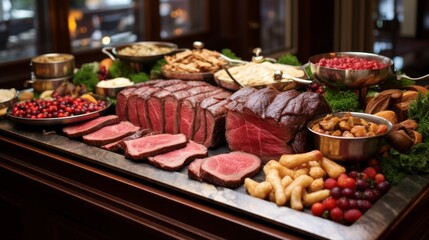 Obraz premium Festive table with snacks from sausages and cheeses, fruits and berries, a gala feast Concept: holiday menu and cooking, catering services.