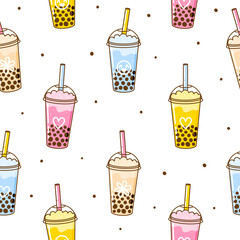 Seamless pattern with cute bubble tea drinks isolated on white - cartoon background for Your design - 777574256
