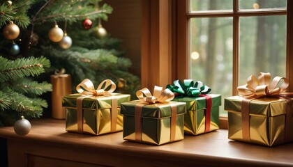 Fototapeta na wymiar Wrapped gift boxes with golden ribbons positioned elegantly by a window, adjacent to a decorated Christmas tree, evoking a cozy, festive atmosphere