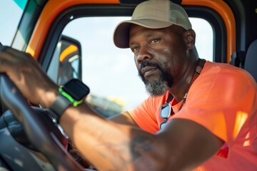 Truck driver staying fit on the road, monitoring wellness with smartwatch - obrazy, fototapety, plakaty