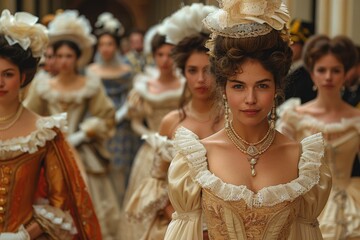 Photo of a woman in historical attire with a crowd behind her, highlighting period fashion