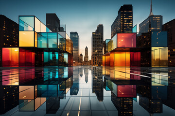 A modern office building facade reflecting the vibrant colors of the surrounding cityscape, blending seamlessly with its urban environment - obrazy, fototapety, plakaty