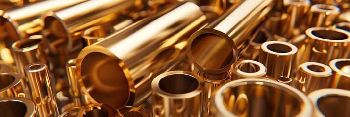 A collection of various sized shiny golden cylindrical metal rods representing modern industrial...