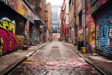Fototapeta premium A gritty urban alleyway adorned with graffiti and street murals, showcasing the raw and authentic spirit of the city