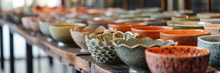 An assortment of skillfully made pottery bowls in various colors and patterns arranged on a shelf