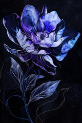 Glowing Blue Flower: A Highly Realistic Fantasy Art Piece with Intricate Detailing and Shadows Against a Dark Background