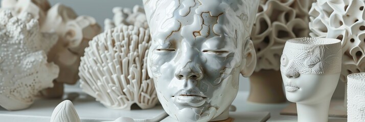 Monochrome abstract ceramic pieces, showcasing modern art influences and intricate design detail