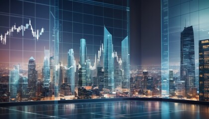 A futuristic cityscape projection over a sleek surface, symbolizing economic trends and corporate concepts in a modern world