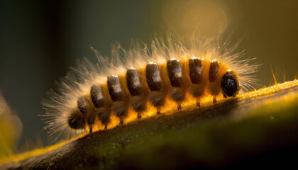Close-up of a golden hairy caterpillar on a rough surface, illuminated, showcasing intricate...