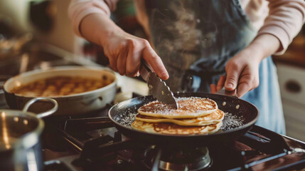 A parent teaching their child how to make pancakes on a lazy Sunday morning, flipping them with expert precision - obrazy, fototapety, plakaty