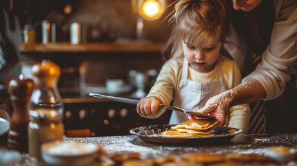 A parent teaching their child how to make pancakes on a lazy Sunday morning, flipping them with expert precision - obrazy, fototapety, plakaty
