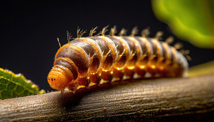 Close-up of a brown caterpillar on a branch, detailed texture and segments visible, with a blurred green background.