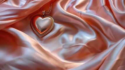 Heart-shaped locket on silky, ruffled pink fabric - obrazy, fototapety, plakaty