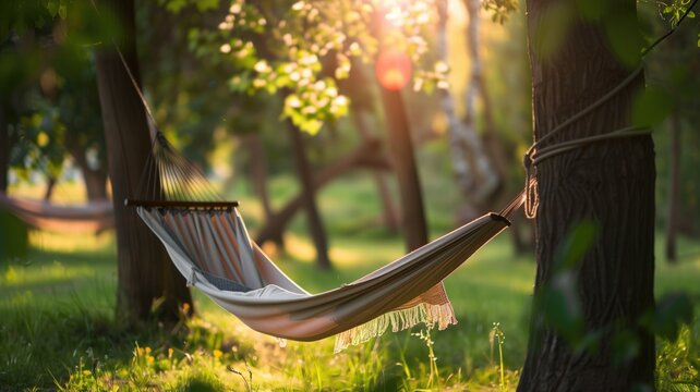 Hammock tied between trees in sunny orchard, suggesting relaxation and tranquility nature