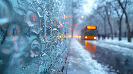 Frosty patterns on a glass bus shelter in the city center. - obrazy, fototapety, plakaty