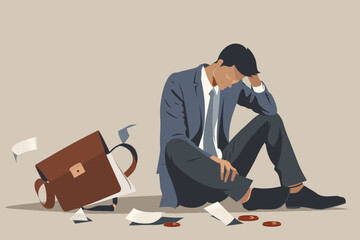 Dejected businessman sits on the ground with an empty wallet, facing financial loss, bankruptcy, and ruin, a concept of business failure and hardship - obrazy, fototapety, plakaty