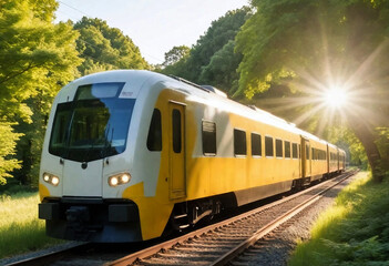 Obraz premium a train traveling through a forest with the sun shining Created with generative ai