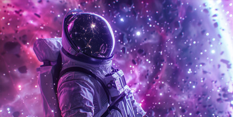 A man in a spacesuit is standing in front of a planet with a lot of debris. The scene is set in outer space and the man is in a space station - Powered by Adobe