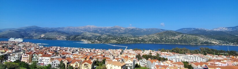 Beautiful city of Argostoli with mountains and hill side
