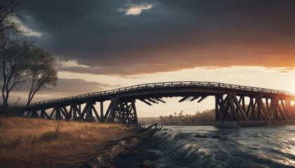 The remnants of a once-sturdy bridge are cast in a haunting light by the twilight sky, reflecting the powerful forces of nature and time. The wild river below underscores the bridge's fragility and - obrazy, fototapety, plakaty