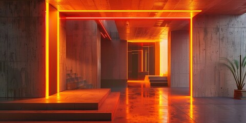 orange neon installation in a concrete interior