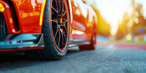 Close up of car sporty wheel on asphalt, sunset reflecting in shiny rims. Luxury transport concept