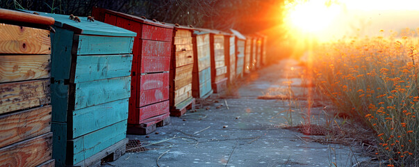 Row of colorful beehives at sunset in a field, golden light enveloping the tranquil apiary scene