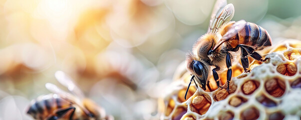 Close up of honeybee on honeycomb, bokeh background with sunlight filtering through