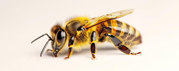 Close up of honey bee isolated on white background showing detailed furry body, wings and antennae