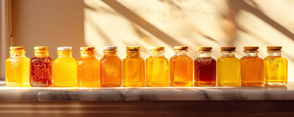 Sunlight illuminates honey jars on windowsill, showcasing honey hues. Varied colors from light amber to dark brown are visible