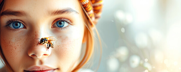 Young girl with striking blue eyes and freckles, honeybee on her nose evokes gentle curiosity in serene moment