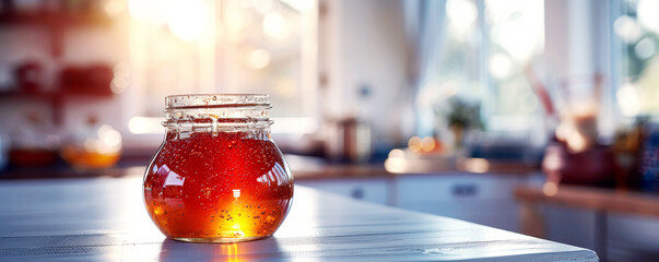 Sun kissed honey jar sits on kitchen table backlight creating warm inviting glow. Bokeh effect of bright room adds dreamy quality to scene