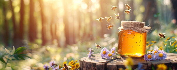Honey jar on stump surrounded by bees with sun rays piercing through forest. Flowers adorn scene highlighting nature sweetness