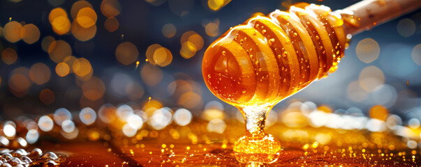 Golden honey drips from wooden dipper, bokeh lights twinkle in background. Amber nectar glistens capturing essence of sweetness