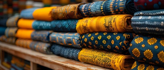 Vibrant African textiles with intricate patterns and rich colors in local market. Concept Colorful Fabrics, African Textiles, Local Market, Rich Patterns, Vibrant Colors